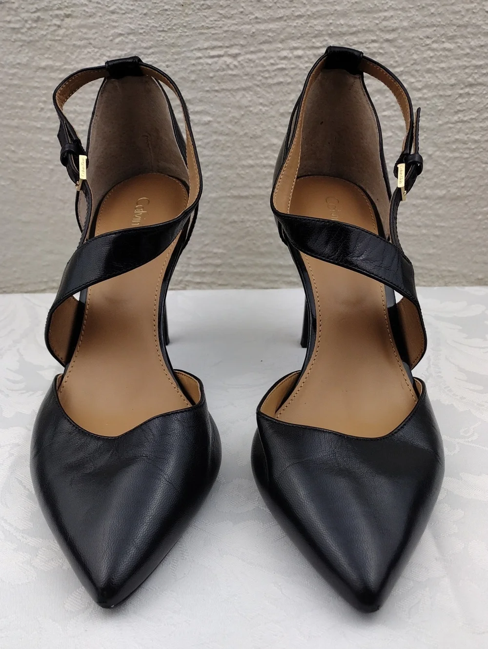 Calvin Klein Gildana Black Leather Asymmetrical Cross Strap Point Toe Heel Shoe